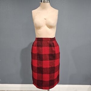 Vtg BARONESA Pure Wool Red Black Check Plaid Pleated A-Line Skirt S/ Waist 25"